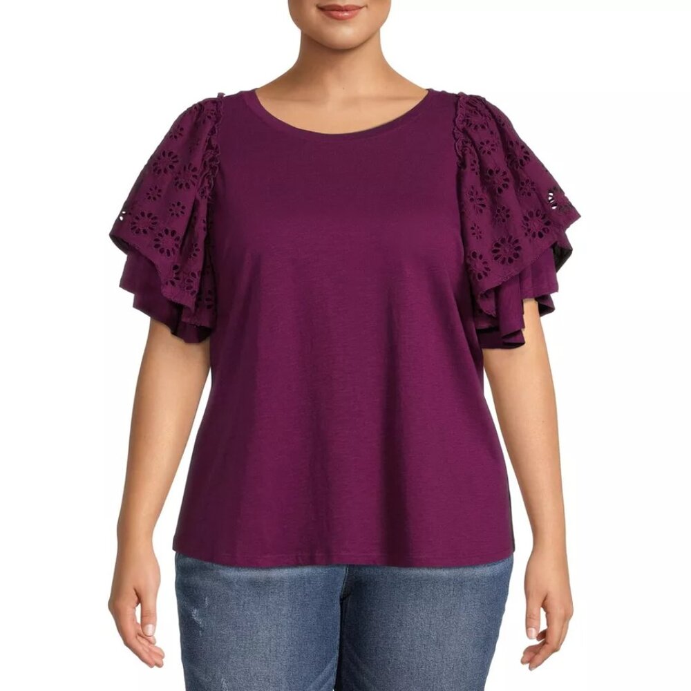 Terra & Sky Purple Ruffle Sleeve Short Sleeve Top